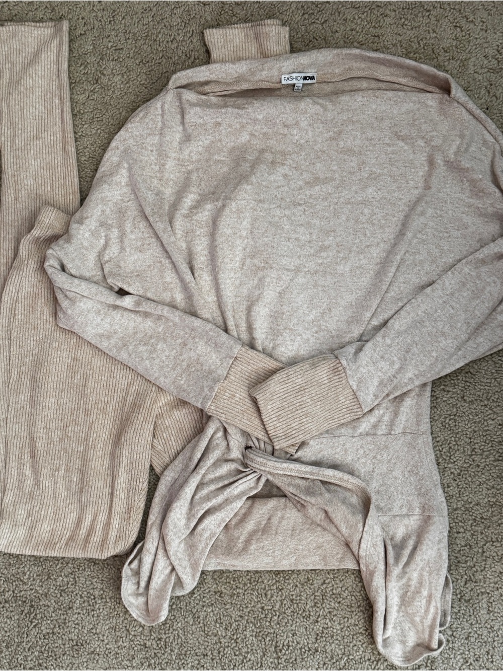 Fashion Nova Beige Twist-Front Open Shoulder Sweater